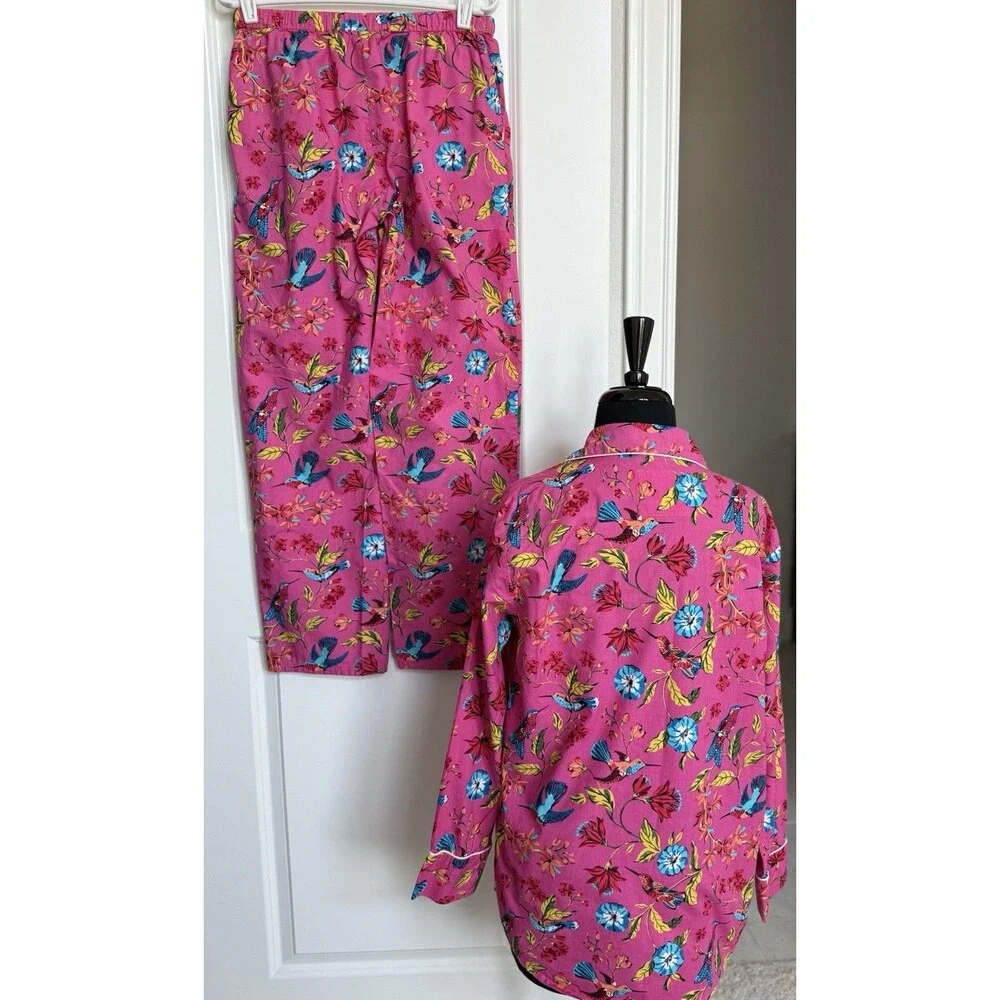 Printfresh Women’s XS Tall Pink Hummingbird Floral Pajama Set Artsy Colorful - Picture 3 of 13
